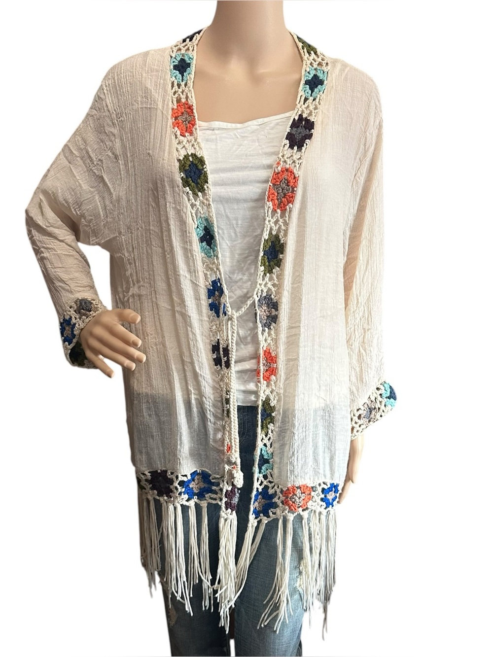 Kindred Anthropologie Boho Crochet Fringe Kimono 1X